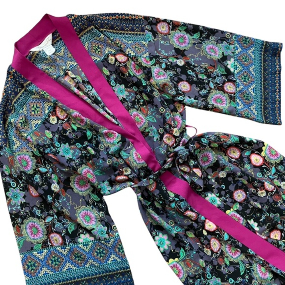 VINTAGE DIAMOND TEA Multicolor Floral Long Length Kimono Robe